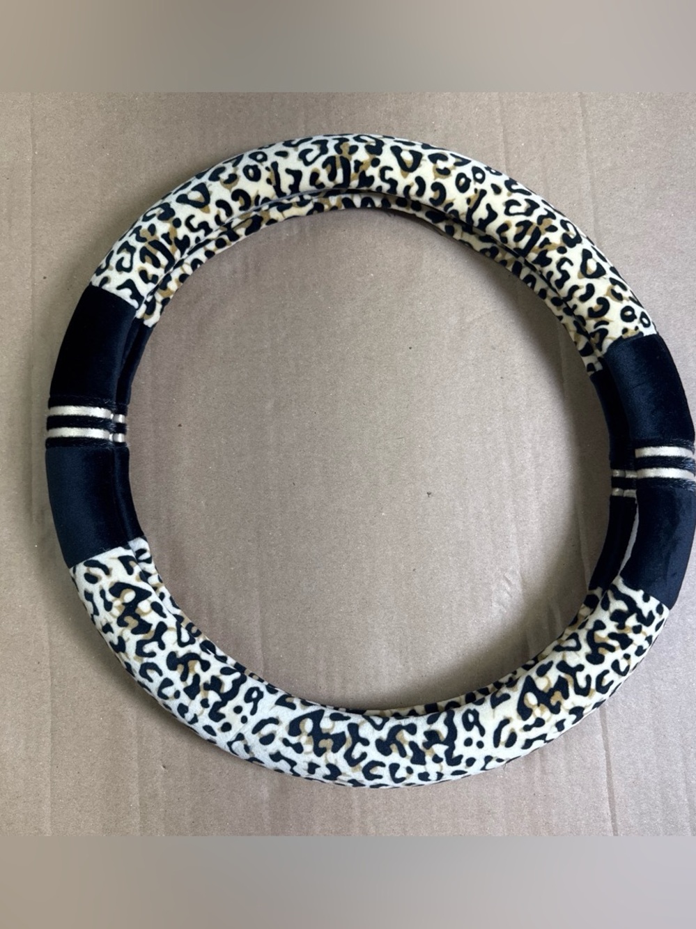 Leopard Cheetah Print Plush 15” Universal Steering Wheel Cover Black Tan